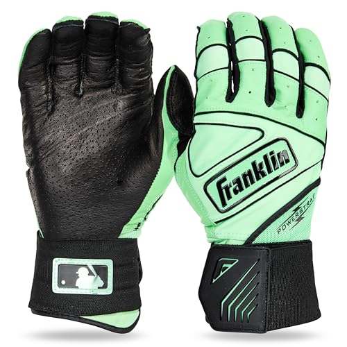 Franklin Sports MLB Batting Gloves - Infinite Powerstrap Baseball + Softball Batting Gloves - Durable Full Wrap Cage Practice Gear - Long Cuff Wrist + Heavy Duty Leather - Black/Mint - Adult Small