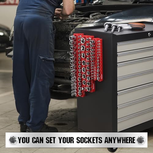 6-Piece 1/4" 3/8" 1/2"-Driver Metric Magnetic Socket Organizer Set (Holds 75 Sockets) - Detachable Tool Tray with 5mm Magnetic Base for Garage/Home(Sockets Not Included)