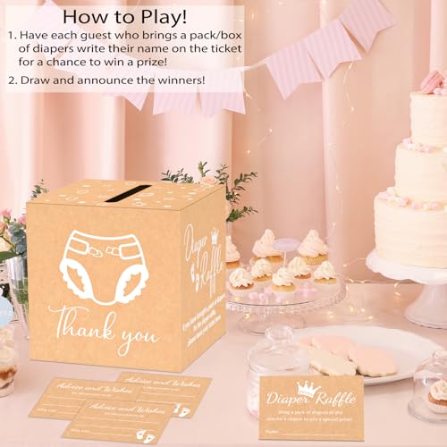 Image of 50 Diaper Raffle Tickets with Box for Baby Shower Game, Clear White Diaper Raffle Card Box for Gender Reveal Baby Shower Raffle Oh Baby Party Decoration Card Boxes