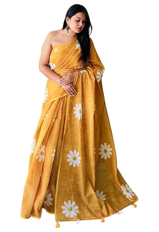 Rajeshwar Fashion (Women’s Linen Cotton saree with digital floral print and latkan work | casual wear | Linen cotton | flower design | Unstitched blouse |Mengo