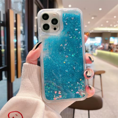 Coque iPhone 14 Plus paillettes cœur bleu et silicone liquide