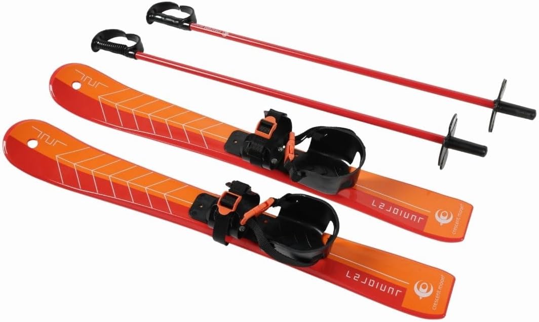 Crescent Moon Cross Country Skis for Kids Backyard Fun: Toddler Skis with Poles and Bindings, Winter Sports Snow Skis for Beginners Ages 4 and Under
