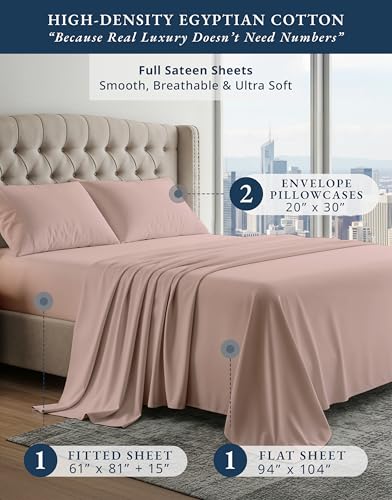 Image of LANE LINEN Full Sheets 100% Egyptian Cotton Sateen - Sepia Rose | Cotton Sheets Full - 4-Piece Set, For A Luxurious Night's Sleep, For Guests And Everyday Use, Guest-Ready Comfort