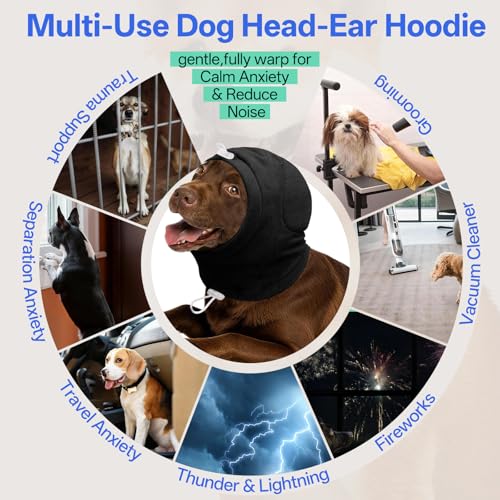 Image of MIGOHI No Shake Ear Wrap for Dogs - Breathable Dog Ear Protection for Hematoma,Stop Shaking & Scratching,Dog Ear Muffs for Grooming, Calming Hoodie for Dogs Separation,Thunderstorms,L,Black