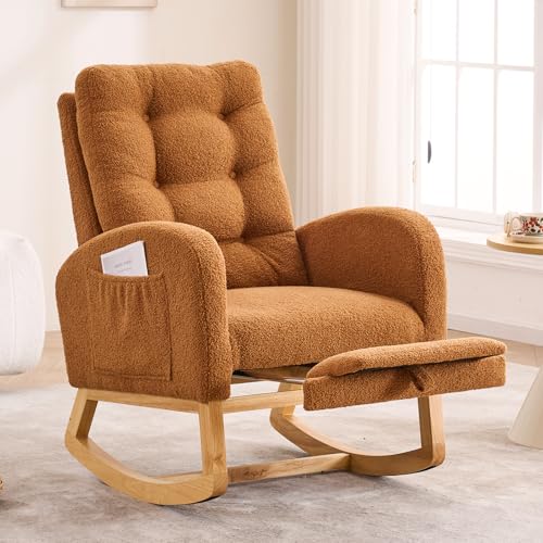 Quorflax Nursery Rocking Chair,Rubber Wood Base Glider Rocking Chair with Adjustable Footrest and Side Pocket,Teddy Fleece Glider Rocker for Living Room, Bedroom (Caramel)