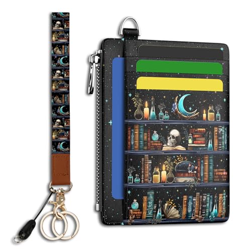 Image of Hancynir Goth Book Skull Cat Slim Wallet Women Credit Card Holder, Gothic Funny Small RFID Blocking Front Pocket Wallet Wristlet Keychain Lanyard, Cute Mini Card Case Thin Zipper Coin PU Leather Gifts