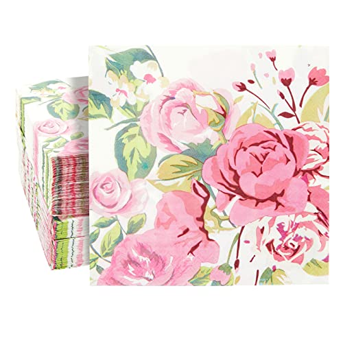 BLUE PANDA 150 Pack Pink Floral Paper Napkins for Bridal Shower Birthday Spring Tea Party 65 In