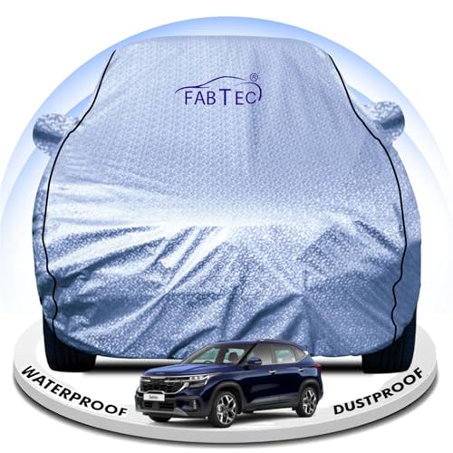 Image of FABTEC Metallic Silver Waterproof Car Body Cover for Kia Seltos Sun, UV and Dust Protection with Mirror Pocket (Reflective Silver with Black Piping)