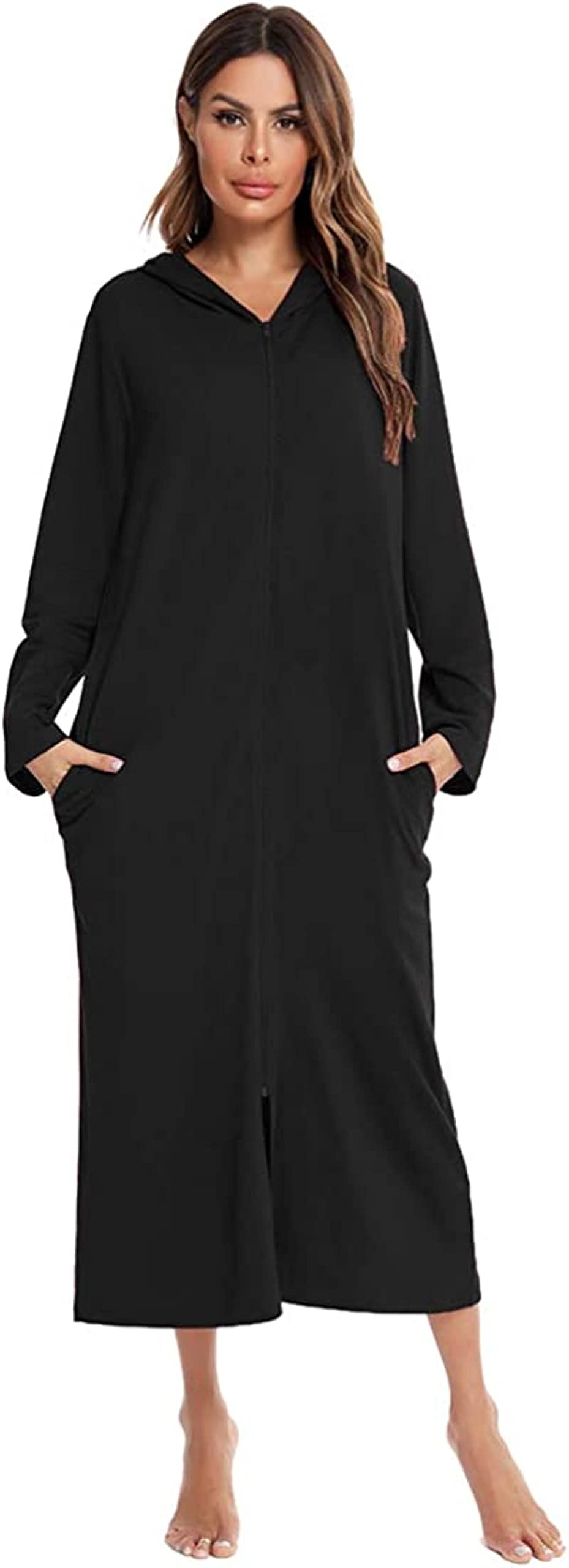 Revahi Women's P-Black Nightgowns Long Sleeve Nightdress Hooded Zipper Dressing Gown Soft Sleepshirt Nightshirt Sleepwear