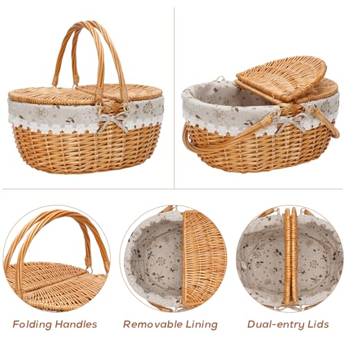 ZORMY 15\" Wicker Picnic Baskets with Removable Liner, Empty Picnic Basket with Lid, Picnic Hamper with Folding Woven Handles for Picnic, Camping, Outdoor, Halloween, Thanks Giving - WhiteKapok