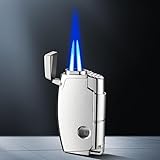 Windproof Butane Lighter, Double Blue Flame, One-Touch Lid Opening and Ignition, Visible Air Window, Folding Cigar Drill, Reusable, Gift(Silver)