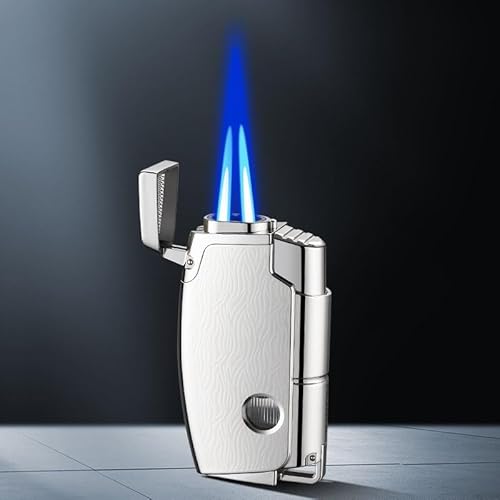 Windproof Butane Lighter, Double Blue Flame, One-Touch Lid Opening and Ignition, Visible Air Window, Folding Cigar Drill, Reusable, Gift(Silver)
