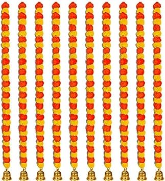 Handmade Artificial Marigold Flowers Garland for Decoration Door Toran Genda Phool for Diwali Wedding/Festivals with Bells Pack of 5