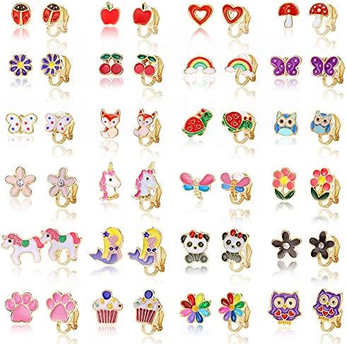 Subiceto 24 Pairs Cute Clip on Earrings for Women Cute Animal Colorful Flower Clip-on Earrings Set Red