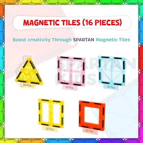 Image of SPARTAN KIDS Premium Magnetic Tiles for Kids (16 Pcs) Magnetic Building Blocks for Kids 3 4 5 6 7 8 Years, Constructing & Learning Builder Educational Kids Magnetic Blocks Game