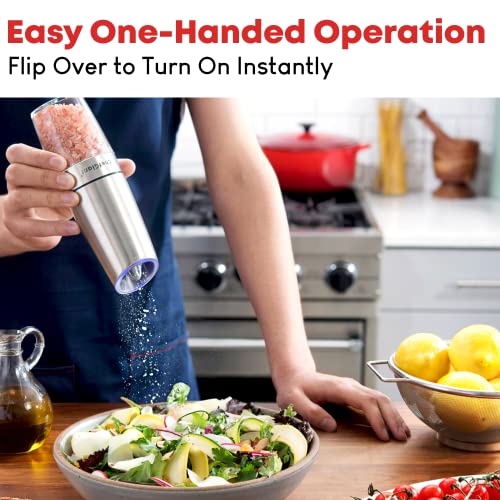 Chefgiant Electric Salt And Pepper Grinder Set | Automatic Gravity Activated Operation With Led Light | Adjustable Coarseness | Batteries Included | Bonus Spoon & Brush - Stainless Steel #TOP1