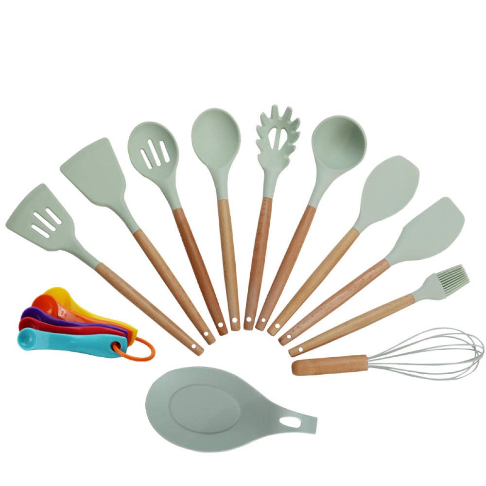 Kitchen Utensil Set Silicone Wooden Handle 17 Pieces Cooking Spatula Turner Heat Resistant Tools Nonstick Non Scratch Cookware - Best Kitchen Tool Gadgets