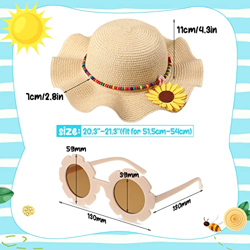 Jecery Summer Straw Hat for Girls Large Brim Sunflower Beach Hat Flower Cute Sun Cap with Flower Round Sunglasses2