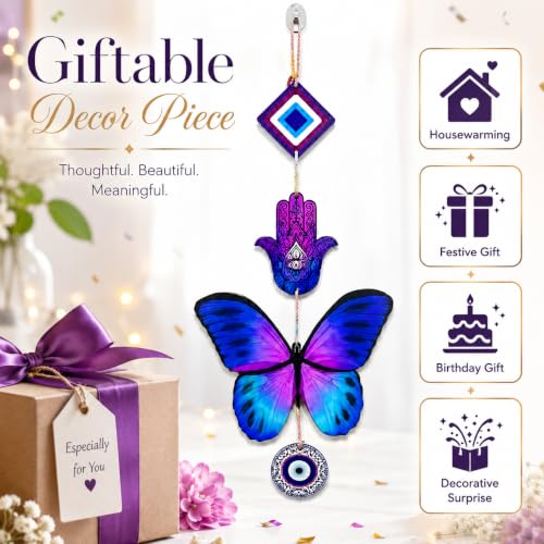 Image of Religious Door Hanging Decor with Pearl Beads & Tassel, Wooden Wall Hanging for Home Temple, Pooja Room, Entrance, Mandir Decoration & Spiritual Gift, Blue Butterfly
