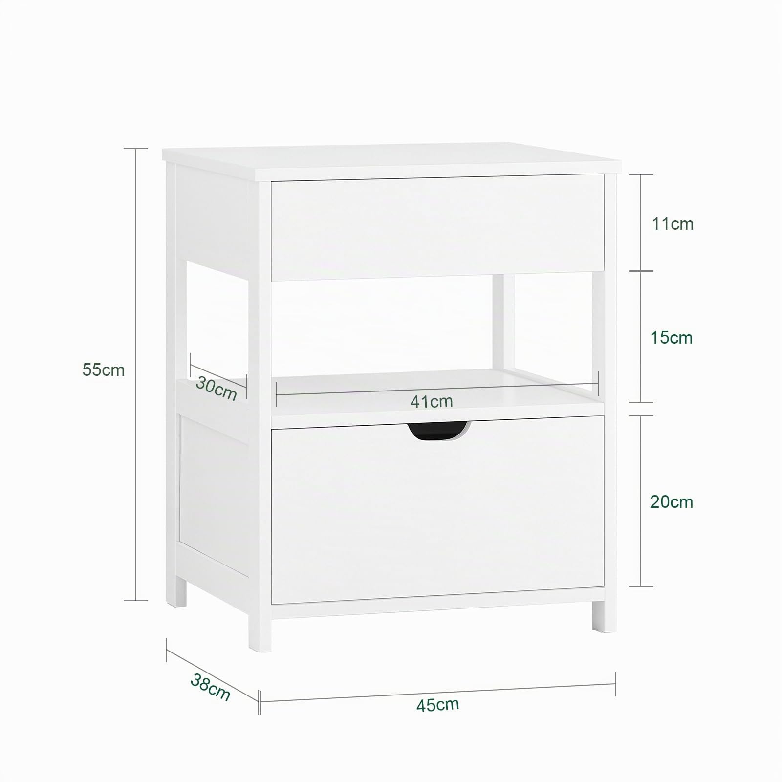 SoBuy Comodino Camera da Letto - Comodino con 2 Cassetti e 1 Ripiano, Tavolino Salotto - Moderna Cassettiera L45 x P38 x A55 cm Bianco FRG258-W