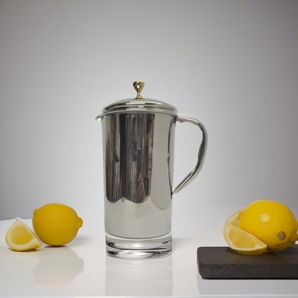 Large Half Gallon / 2.2 Liters / 74 Fl Oz Stainless Steel Pitcher Jug with Lid Classic Minimalist Designs to choice from Leakproof for Cold Beverages by American Ayurveda (Stainless Steel Plain)