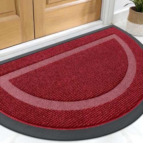 Image of OLANLY Half Circle Door Mat Indoor Outdoor Entrance Welcome, Waterproof All-Season, All-Weather Doormat, Sturdy Natural Rubber, Low Profile, Easy Clean Patio Porch Entryway Mat, 29.5x17, Wine Red