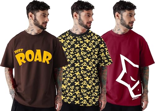 Image of LEOTUDE Men's Cotton Regular Fit Half Sleeve Oversized Tshirt, Round Neck Longline Drop Shoulder | ful Printed Combo T-Shirt (Pack of 3)
