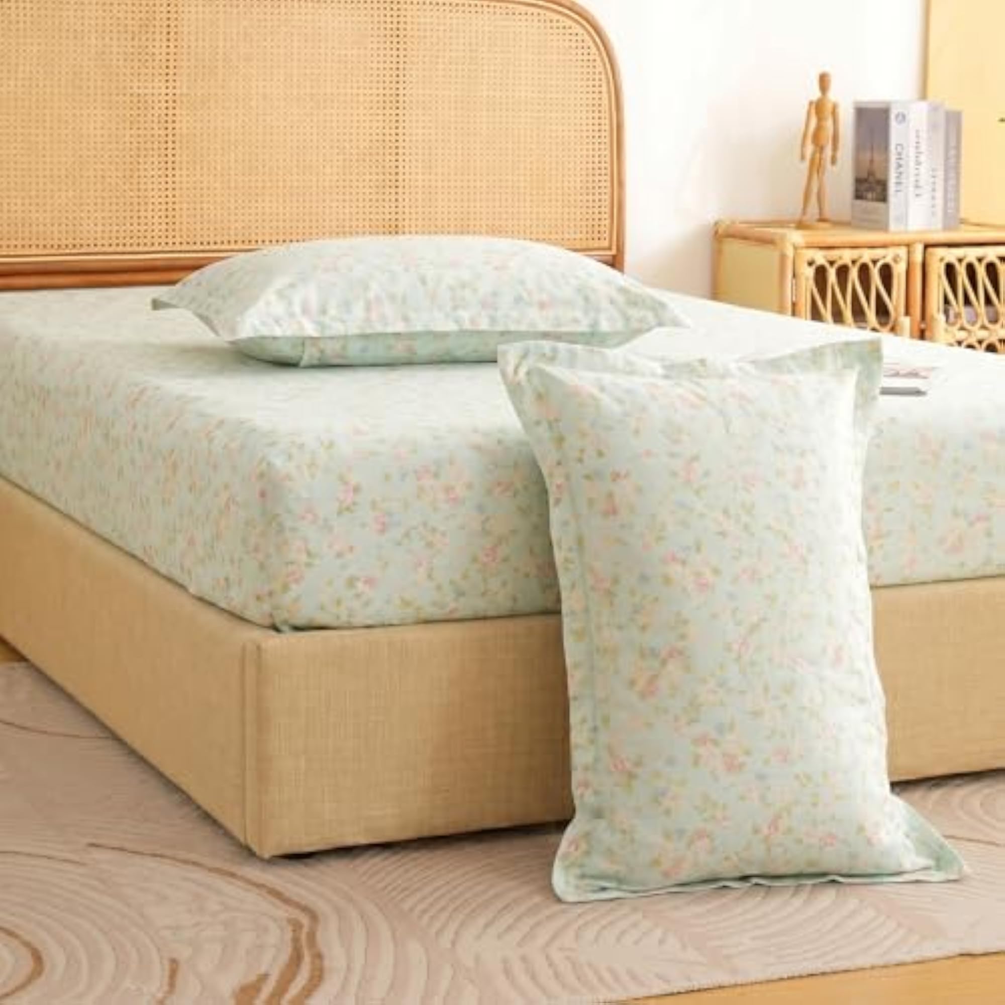 Air Cotton Fitted Bedsheet 198 x 182 cm, Light Blue & Peach