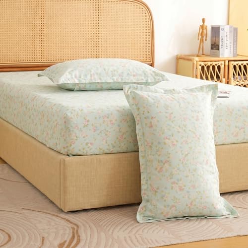 Image of Story@Home King Size Air Cotton Bedsheet 240 TC Fitted Sheet with 2 Pillow Covers, Soft & Durable Bed Sheet for King Bed (270 x 250 cm, Floral Print, Light Blue & Peach)