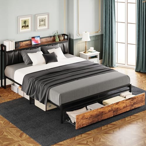 Image of LIKIMIO California King Size Bed Frame with 2 Drawers and Charging Station | Platform Bed with Upholstered Storage Headboard, No Box Spring Needed, Easy Assembly, Sturdy, Vintage Brown and Black