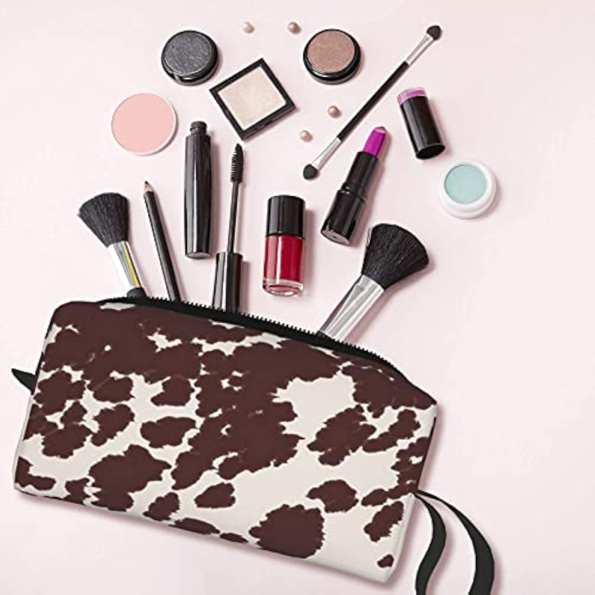 Brown Cow Hide Print Cosmetic Bag, Travel Essential