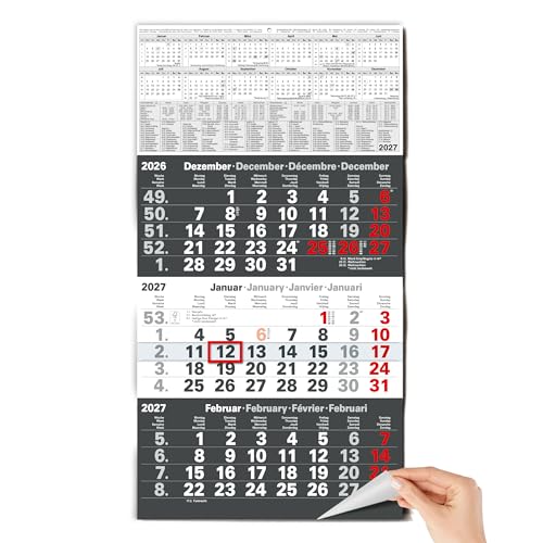 TOBJA 3 Monatskalender 2027 Wandkalender Anthrazit - Mit rotem Datumsschieber FSC-zertifiziert Schulferien und Feiertagen - Ideal für Büro und Familie | Quartalskalender Wand 30x56 cm