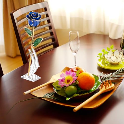 Image of 24K Gold Rose, Dipped Rose is Attractive Luster and Natural Shape, Best Gifts for Anniversary Wedding Valentines Day (Blue Original Rose with Stand)