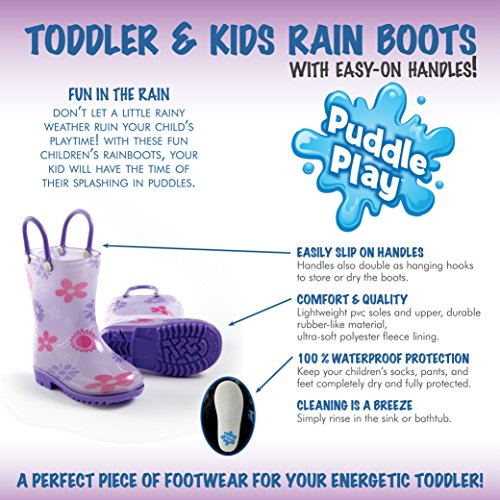 Puddle Play Toddler and Kids Rain Boots with Easy On Handles – Little Kid Size 12 - Girls Purple Flowers Design