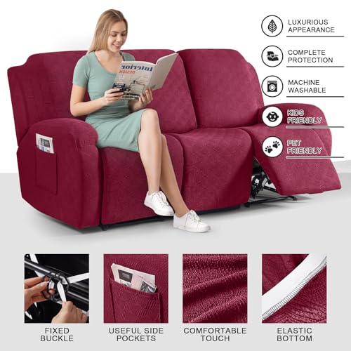 Image of Timeles Recliner Covers for 3 Seater Reclining Couch Covers Sofa Slipcover Furniture Protector for Dogs and Pets Stretch Soft Washable (Three-Seater, Burgundy)