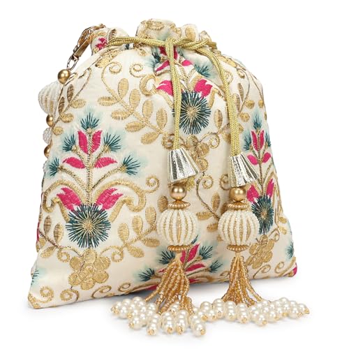 Image of LONGING TO BUY Indian Embroidered Pearl Potli Bag For Women, Sequence Design with Tassel, Wedding Potli Bags