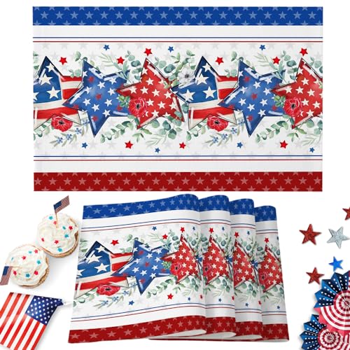 Independence Day Star Placemats Set of 6 American Flag Washable Place Mats for Kitchen Dining Table, 4th of July Heat-Resistant Polyester Table Decoration for Party Holiday, Summer
