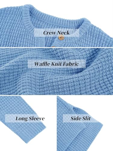 Image of Girls Waffle Knit Sweaters Trendy Henley Button V Neck Long Sleeve Pullover Jumper Tops Blue