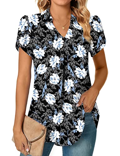 Aodemo Women's Summer Dressy Collared V Neck Chiffon Blouse Short Sleeve Tunic Tops Casual Pleated T-Shirts XL, White Lily