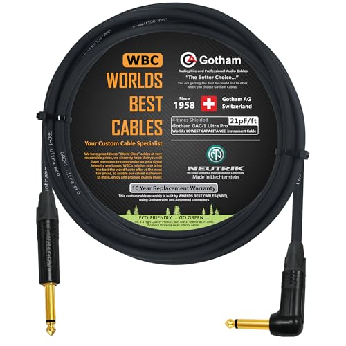 WORLDS BEST CABLES 2 Meter - Gotham GAC-1 Ultra Pro - Premium, Low-Capacitance (21 pf/Ft) Guitar Bass Instrument Cable - with Straight to Angled 6.35mm Neutrik Gold Plated TS Connectors