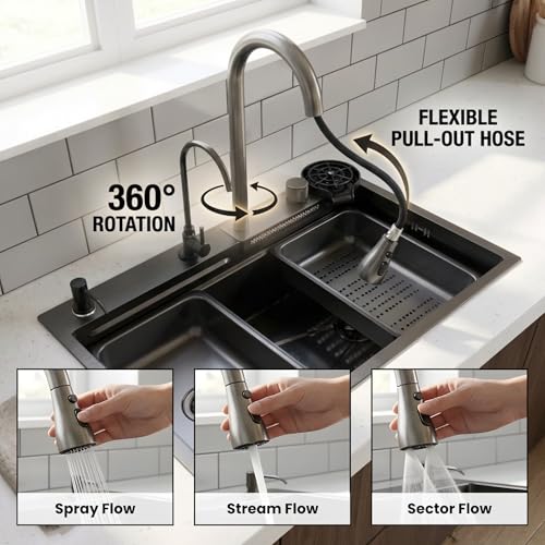 Image of Gloxy Premium SS 304 Nano Single Bowl Smart Kitchen Sink 30x18X9 Inches - Black Matt FInish Multifunction Sink With Integrated Waterfall - Anti Scratch Honeycomb Design with Pull Down Faucet