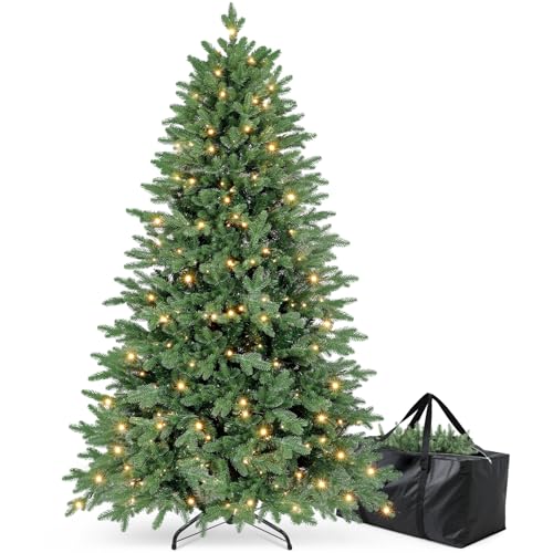 Hapsor 6ft Christmas Tree Prelit w/ 2085 PE & PVC Mixed 'Feel Real' Branch Tips, 400 Warm LED Lights, Hinged Spruce Artificial Xmas Tree with Metal Stand & Bag for Home, Office, Party Décor