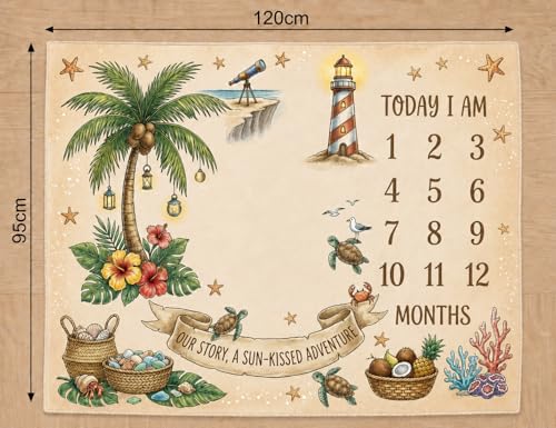 Image of Baby Monthly Milestone Photoshoot Blanket with Milestone Cards, Cotton, 115x95 cm, Animal Theme, 1-12 Months (Coconut Tree)