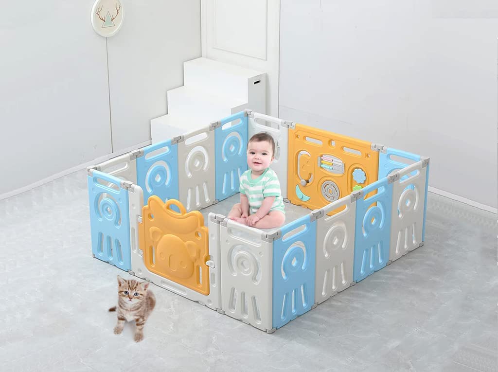 HOCCKara Theme 14 Panel Foldable Baby Playpen With Adjustable Shape Portable Design for Children Toddler Indoor Outdoor Use (12Panels + 1 Gate + 1 Game Board) (14) (14)