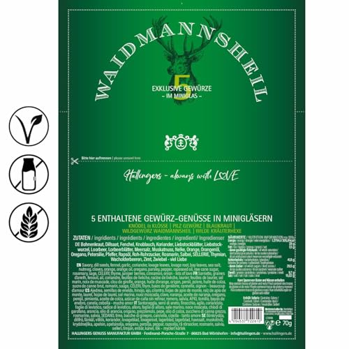 Hallingers Waidmannsheil - Gewürz Geschenkset handgemacht, 5 Gewürze aus aller Welt - für Jäger zum Kochen von Wildgerichten (Set) - Geschenkideen Weihnachten & Geschenke Adventskalender | Neues Zuhau