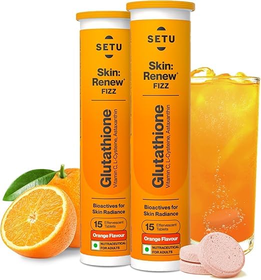 Setu Skin Renew Glutathione Tablets for Glowing Skin | 30 Effervescent Tablets with 500mg L-Glutathione & Vitamin C | Sugar-free Antioxidant & Skin Glow Supplement for Clear Skin | Orange (Pack of 2)