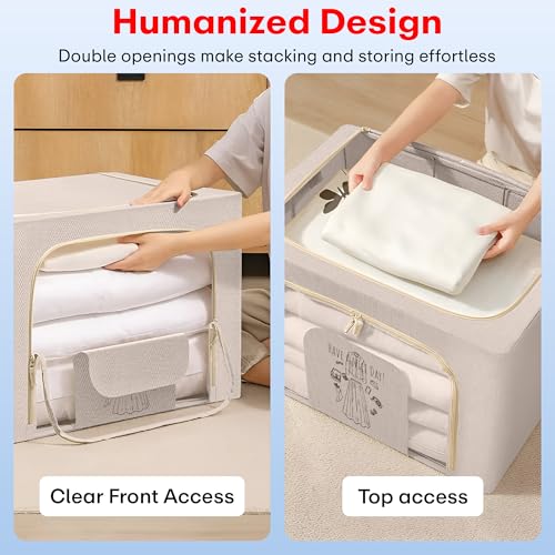 Image of Prime Pick Zip Guard Storage Box Foldable Clothes Organizer Double Zipper Lid Reinforced Handles Breathable Washable Fabric Wardrobe Closet Cupboard Space Saving Storage Bin Beige Pack of 1