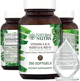 Natural Nutra Vitamin A and D, Sourced from Cod Liver Oil, 10,000IU/400IU, Healthy Bones Supplement, Promotes Strong Teeth and Eyes, Improves Heart and Muscle Function, Immune System, 250 Softgels