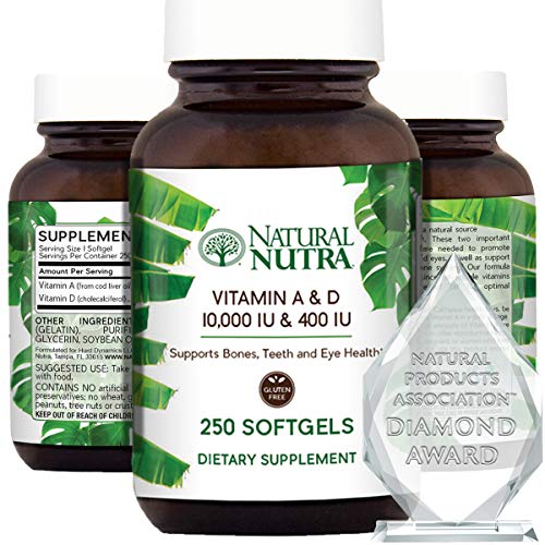 Natural Nutra Vitamin A and D, Sourced from Cod Liver Oil, 10,000IU/400IU, Healthy Bones Supplement, Promotes Strong Teeth and Eyes, Improves Heart and Muscle Function, Immune System, 250 Softgels
