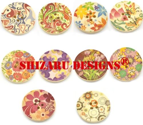 Shizaru Designs Fabulous Large Wood Buttons with Colorful Designs-20 Buttons/bag Includes Exclusive Shizaru Designs Gift Bag